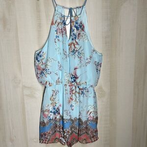 Blue‎ rain shorts romper, light blue with floral, spaghetti straps, size medium